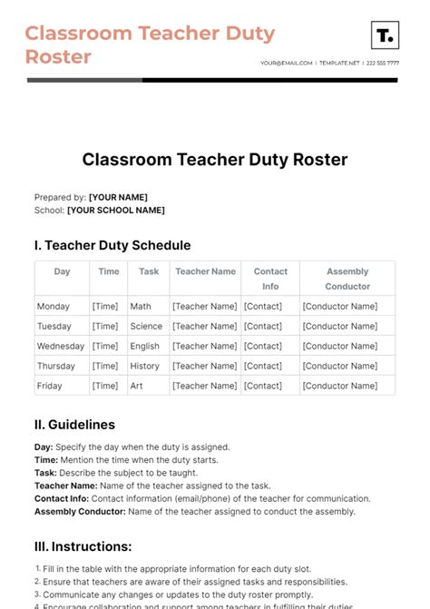 Free Classroom Teacher Duty Roster Template Edit Online And Download