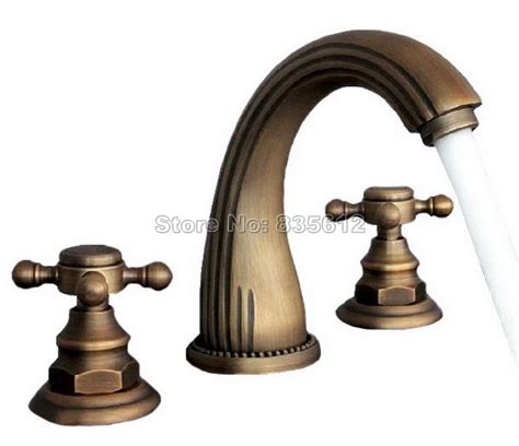 Retro Antique Brass 3 Hole Bathroom Tub Faucet Deck Mounted Dual Cross