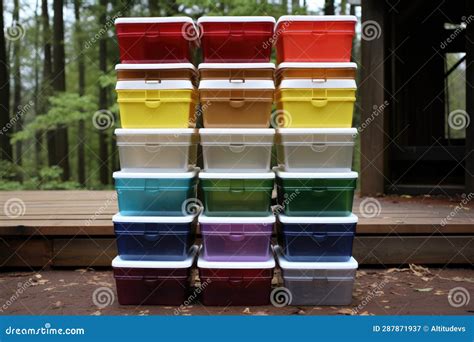 Stack Of Color Coded Storage Containers With Labels Stock Illustration Illustration Of