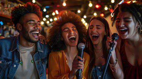 A Group Of Friends Sing Karaoke At A Bar Laughing And Having Fun