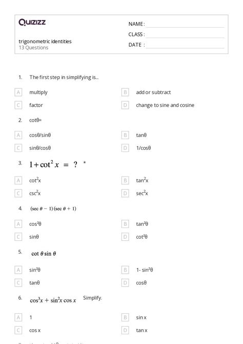 50 Trigonometric Identities Worksheets On Quizizz Free And Printable