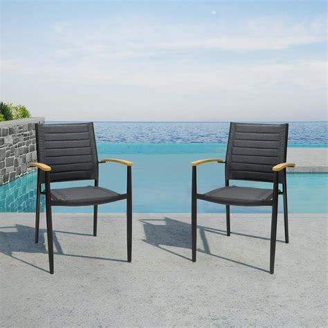 Portals Outdoor Black Aluminum Stacking Dining Chair With Teak Arms Set Of 2