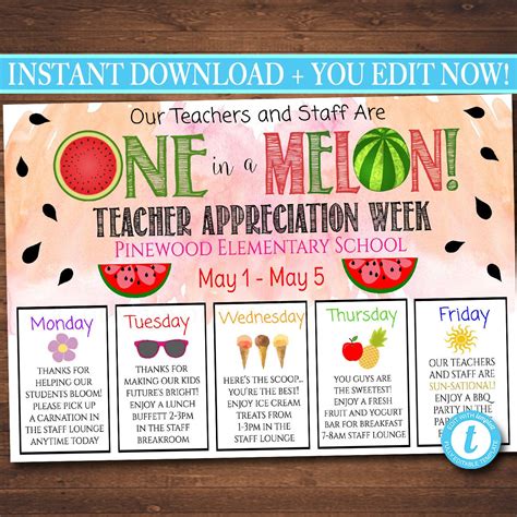 EDITABLE Teacher Appreciation Week Itinerary Poster, Summer One in a Melon Theme Schedule of ...