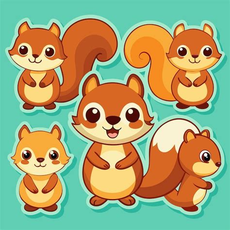 Four Cute Cartoon Squirrels With Big Eyes On Blue Background Premium