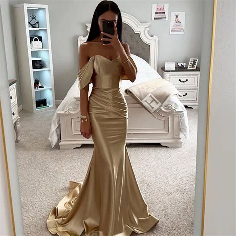 Thinyfull Champagne Mermaid Prom Dresses Off The Shouler Satin Evening