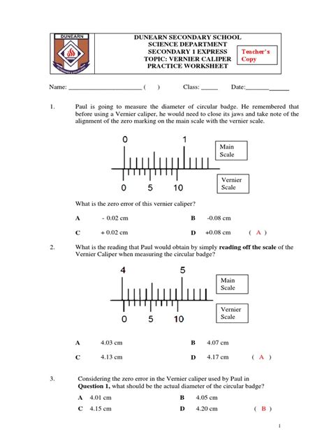 5c Revision Worksheet On Vernier Calipers Answers 1e Pdf Scientific Observation Metrology