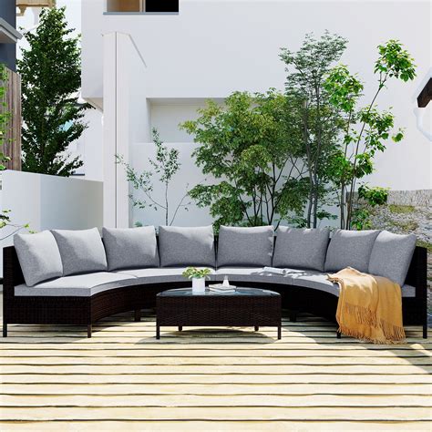 5 Pieces Half Moon Outdoor Sectional Sofa Set Patio All Weather Pe Wicker Furniture With