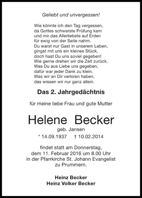 Traueranzeigen Von Helene Becker Aachen Gedenkt