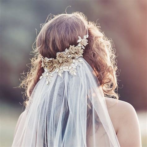 Boho Bridal Veil With Vintage Style Gold Floral Headband Wedding Veil