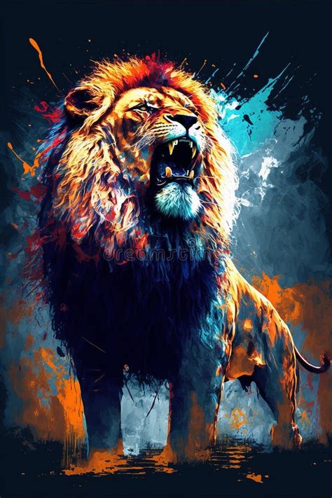 Abstract Poster Of A Dangerous And Powerful Roaring Male Lion Stock