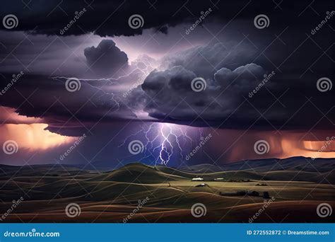 Dramatic Lightning Storm Over Rolling Hills, With Dramatic Clouds And Sky Royalty-Free Stock ...