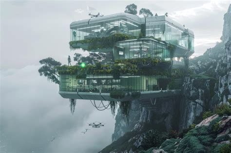 Arquitectura flotante futurista con exuberante vegetación y drones