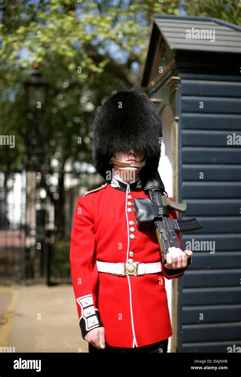 An officer of the Queen's royal guard patrols in front of Buckingham ...