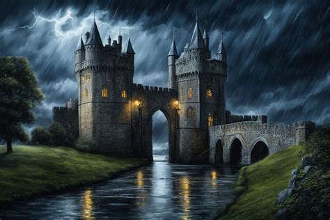 A digital oil painting of a gothic English Castle and Drawbr... by H ...