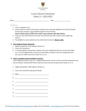 Fillable Online Th Grade Course Selection Worksheet Fax Email Print