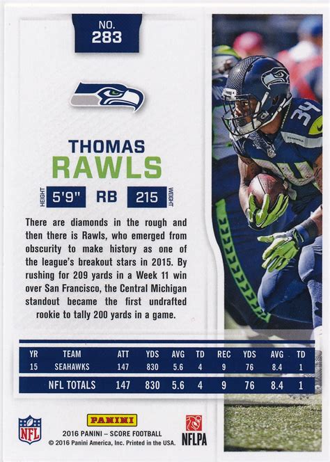 2016 Score Football 283 Thomas Rawls Seattle Seahawks on eBid United