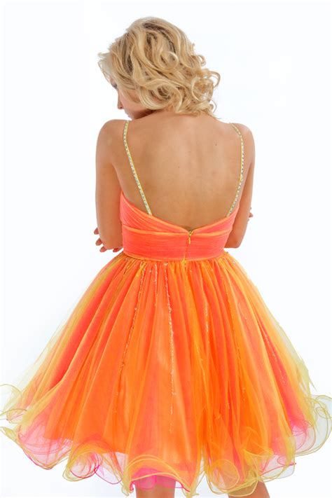 Neon Orange Short Mini Length Spaghetti Strap And V Neck Low Back A