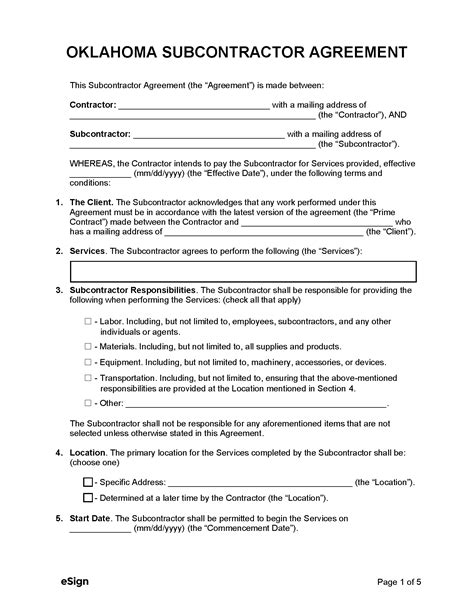 Free Oklahoma Subcontractor Agreement PDF Word