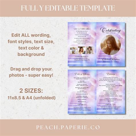 Sunset Sky Funeral Program Template Celebration Of Life Etsy