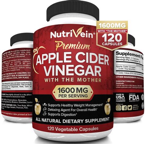 Nutrivein Apple Cider Vinegar Capsules 1600mg Weight Loss Supplement 120 Vegetable Capsules