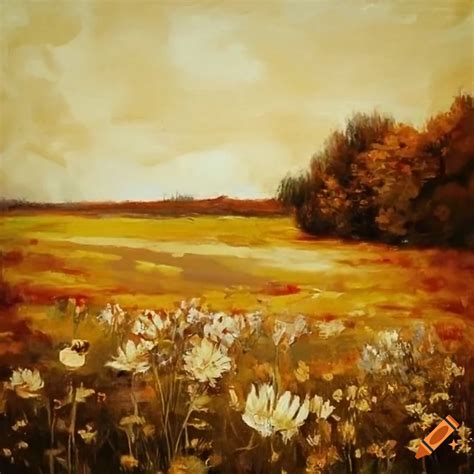 Wildflower Field Landscape Oil Painting Vintage In The Foreground