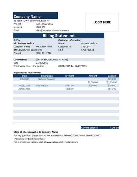 Free Printable Billing Statement Templates [excel Word Pdf]