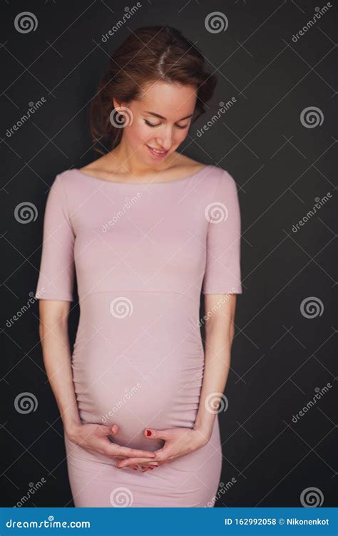 Pregnant Happy Woman Touching Her Belly Pregnant Middle Aged Mother