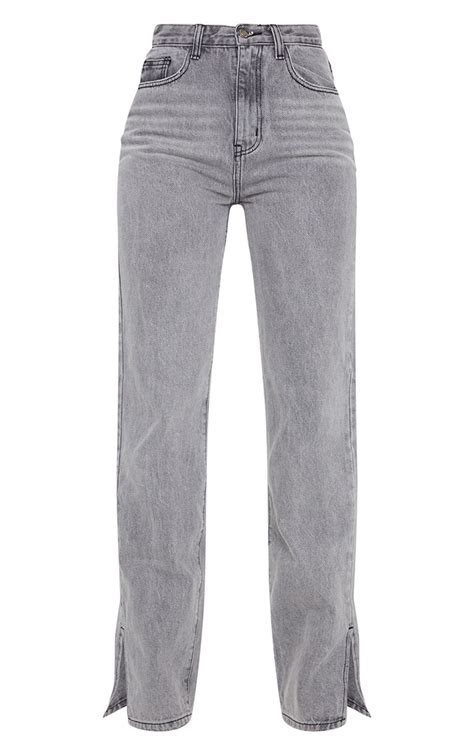 Washed Grey Split Hem Straight Leg Jeans Prettylittlething Usa