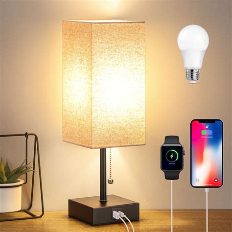 Bedside Table Lamp Pull Chain Table Lamp With USB C A Charging Ports