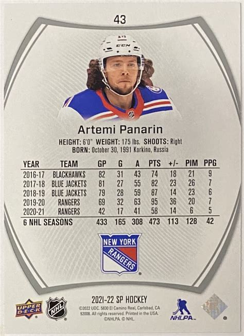 Artemi Panarin 2021-22 Upper Deck SP Hockey New York Rangers Card - KBK ...