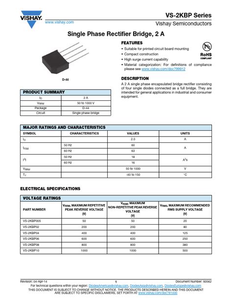 VS 2KBP02 Datasheet Single Phase Rectifier Bridge