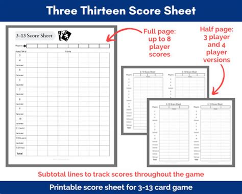 Printable Three Thirteen Score Sheets Card Game Score Cards Etsy