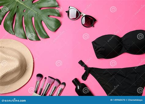 Flat Lay Composition With Stylish Bikini On Color Background Stock Photo Image Of Fashion
