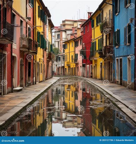 Colorful Buildings Lining A Narrow Alley In Venice Italy Stock