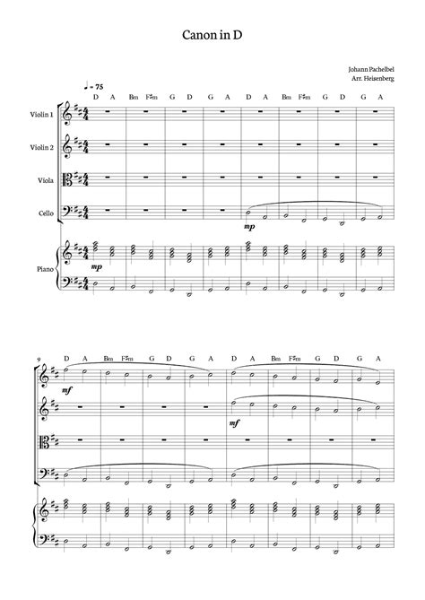 Canon In D Johann Pachelbel For String Quartet With Piano And Chords Arr Heisenberg By J