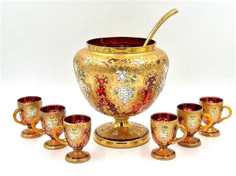 Sold At Auction Moser Moser Enameled Cranberry Glass Punch Bowl Set