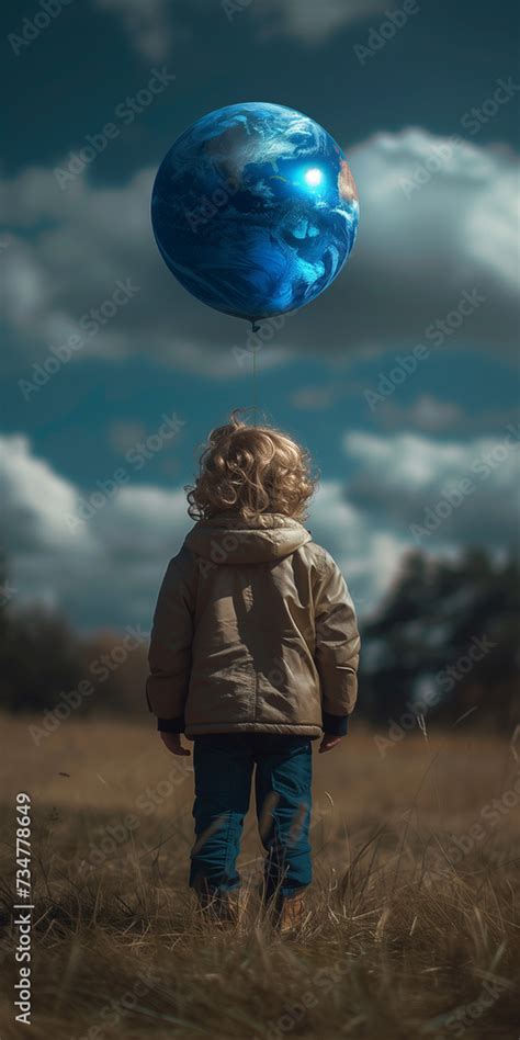 Kleiner Junge hält einen Luftballon mit Erdkugel in der Hand ai