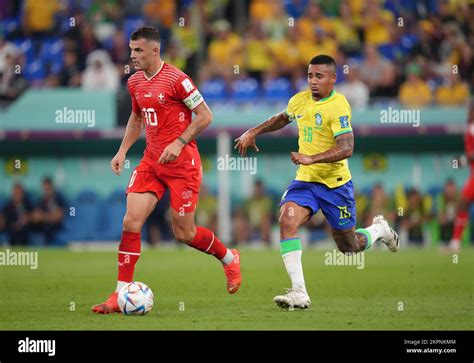 Switzerland S Granit Xhaka Left And Brazil S Gabriel Jesus In Action