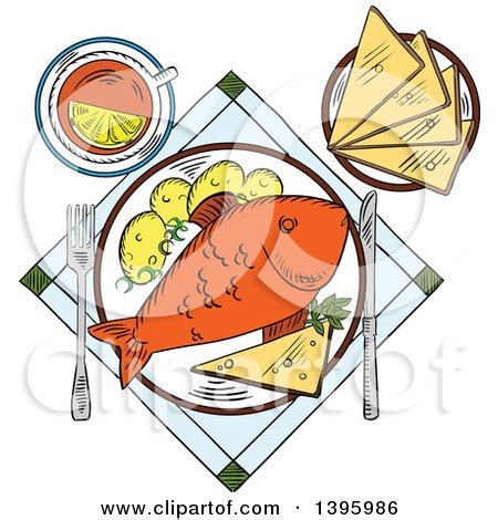 Clipart Of A Sketched Baked Fish Meal Royalty Free Vector