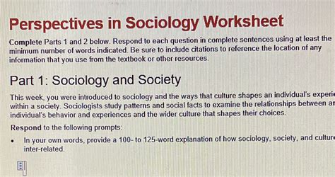 Solved Perspectives In Sociology Worksheet Complete Parts 1 And 2