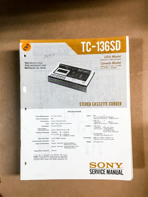 Sony Tc 136sd Cassette Service Manual Original Vintage Audio Store