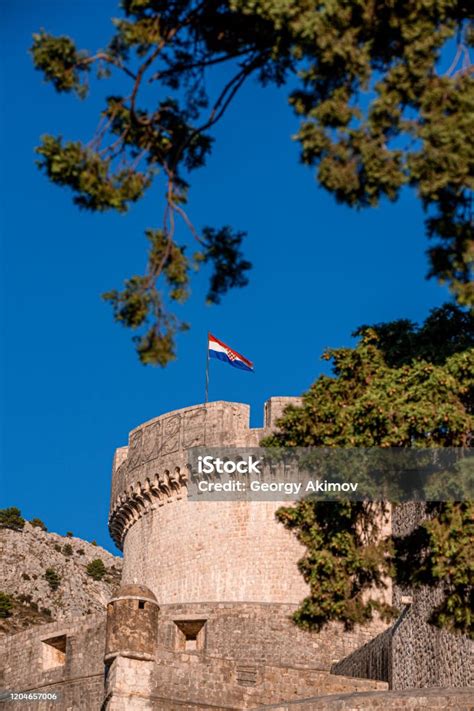 Medieval Fort With Round Tower Inside Ancient Brick Walls Of Old Town