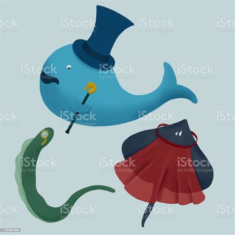 Set Of Cartoon Characters Sea Animals In Retro Costumes Whale In A Top Hat With A Walking Stick ...