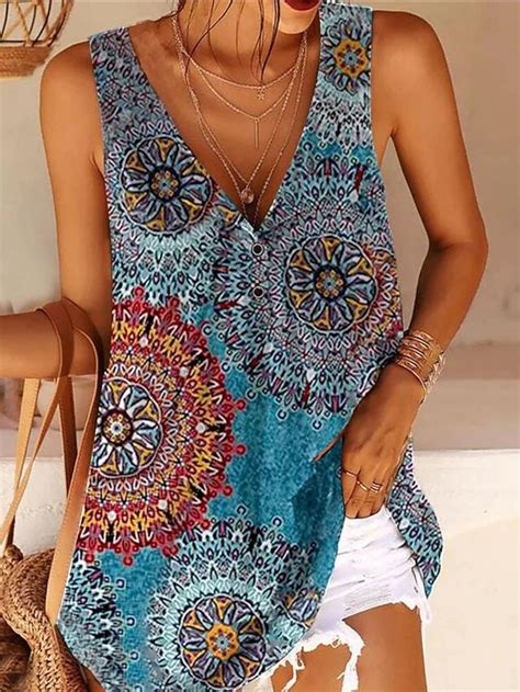 Womens Holiday Tank Top Floral Paisley Tie Dye Button Print V Neck