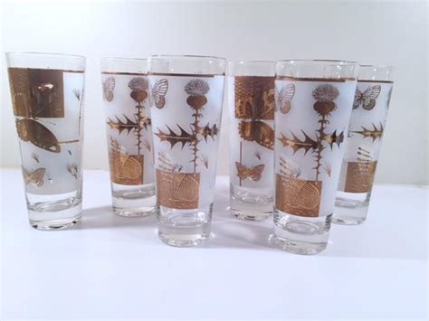 Fred Press Mid Century Frosted 22 Karat Gold Butterfly Tall Collins Glasses Set 6 Gold