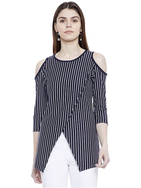 Buy Hypernation Blue And White Stripe Overlap Cotton Cold Shoulder Top