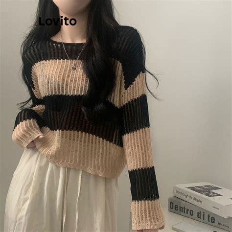 Lovito Women Casual Striped Pattern Sweater LNM77239 Shopee Philippines