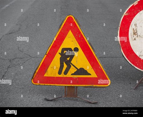 Warning signs, temporary road works traffic sign Stock Photo - Alamy