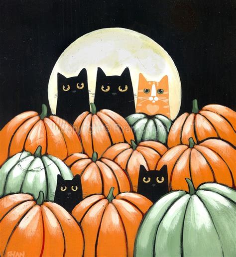 Cats In The Halloween Pumpkin Patch Original Cat Folk Art Acrylic