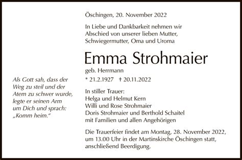 Traueranzeigen Von Emma Strohmaier Trauer Gea De